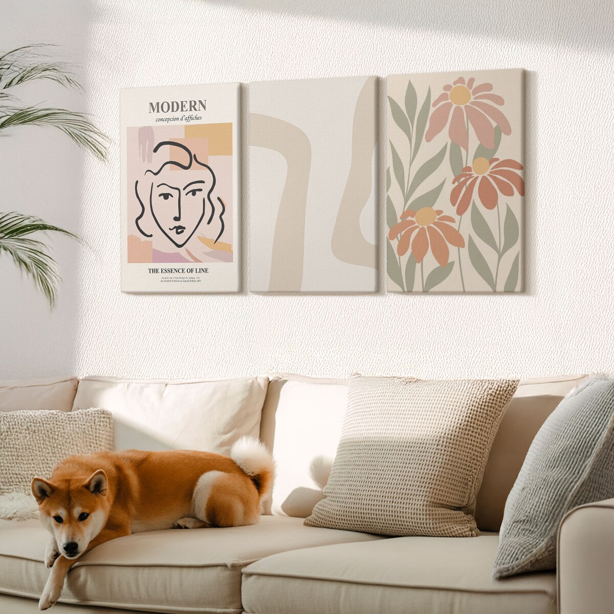 Zestaw 3 dużych obrazów na płótnie - Kobieta nowoczesna abstrakcje - pomarańczowy