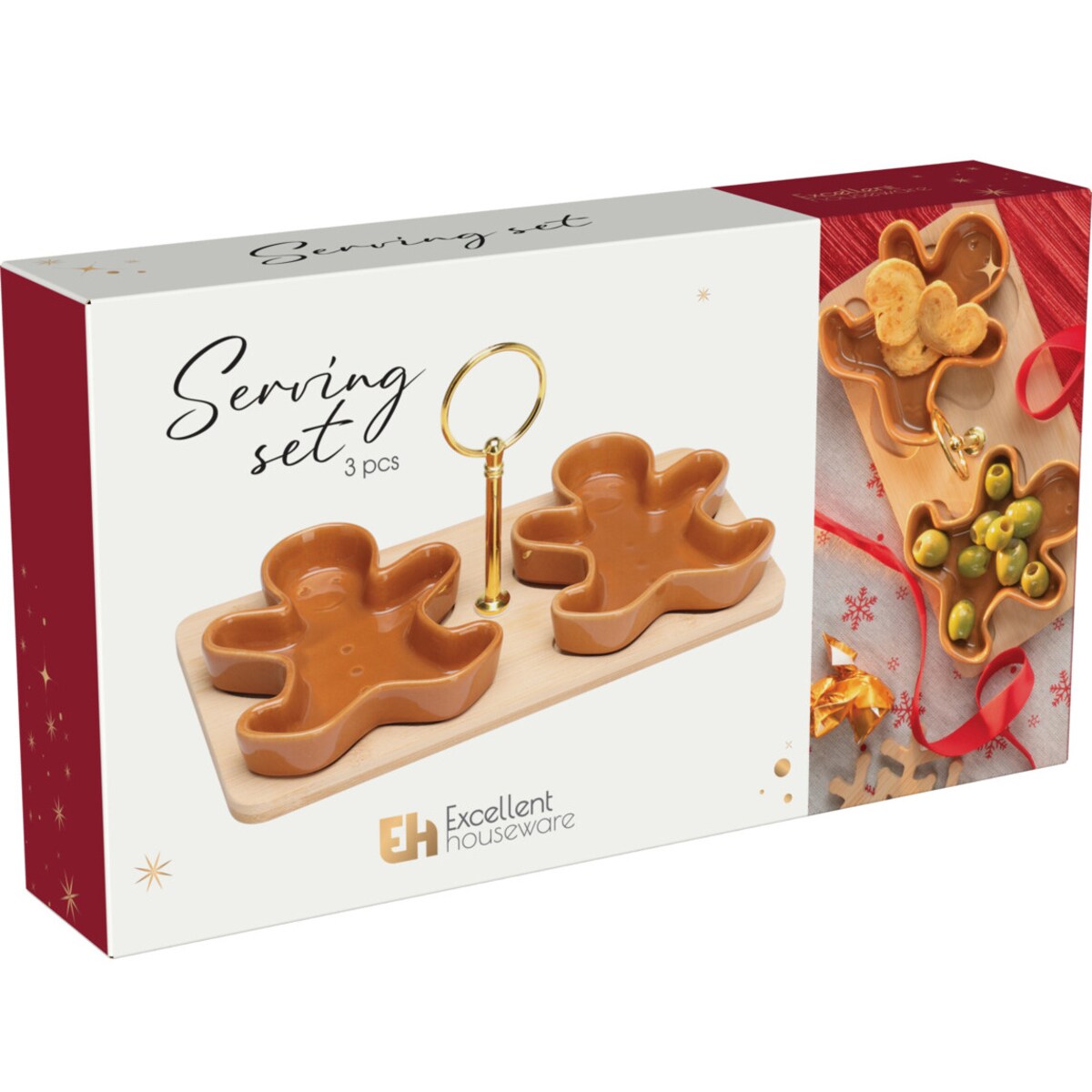 Miseczki na przekąski na bambusowej desce ZIMORA pierniczki, 3 elementy