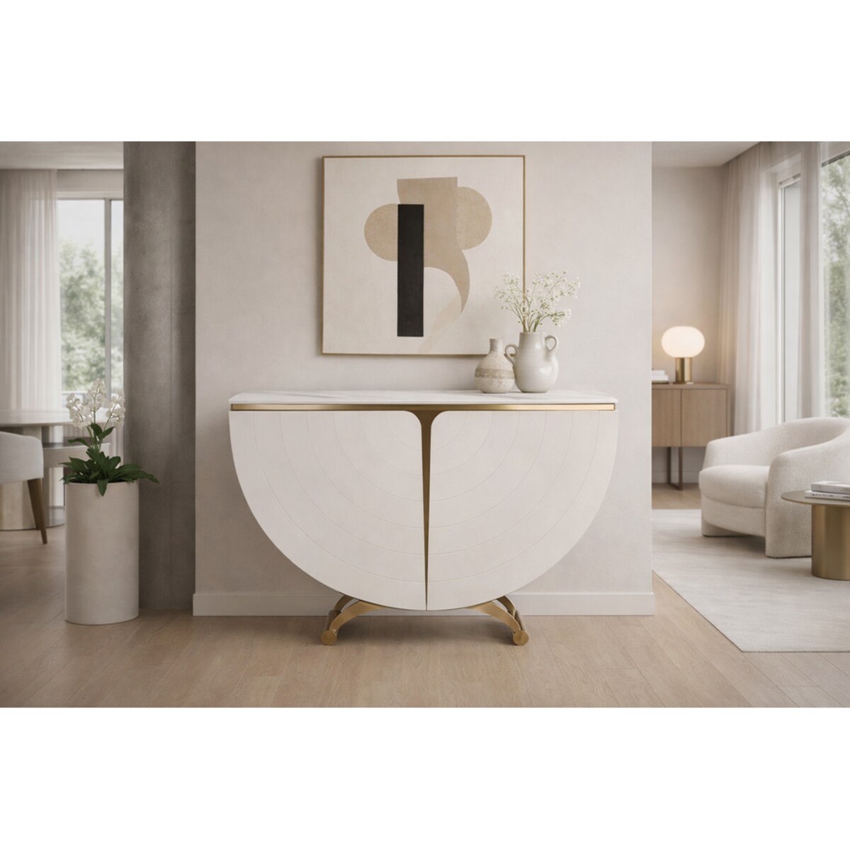 Biała konsola glamour półokrągła Vellora 140x35x86