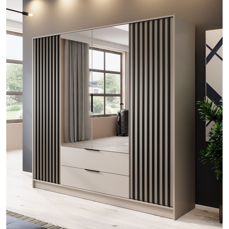Szafa KELLY z lamelami i lustrem 206 cm - kaszmir