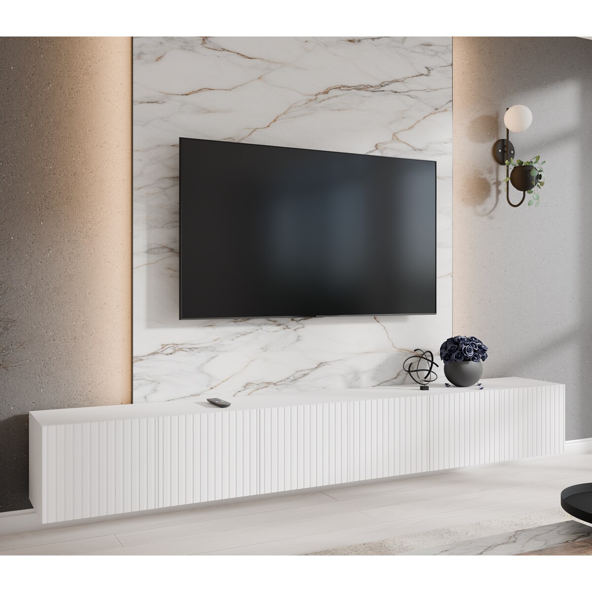 Szafka RTV RIO 300 cm zamknięta pod telewizor, ryflowana- biała