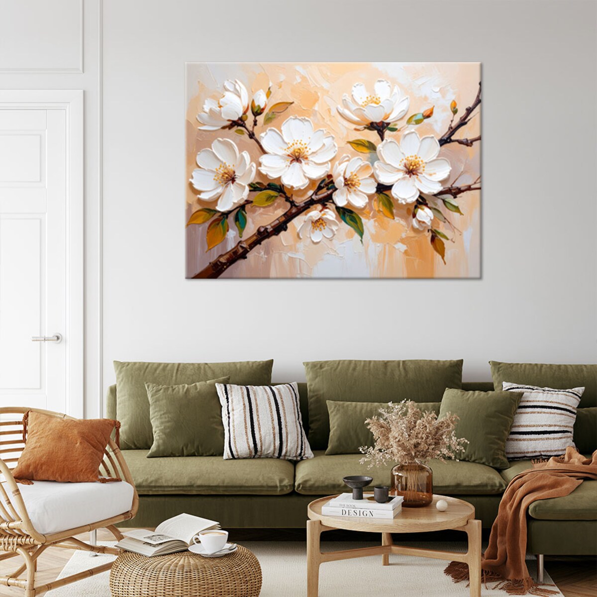 Feeby Obraz do salonu sypialni, Kremowe Kwiaty imitacja farby olejnej 100x70