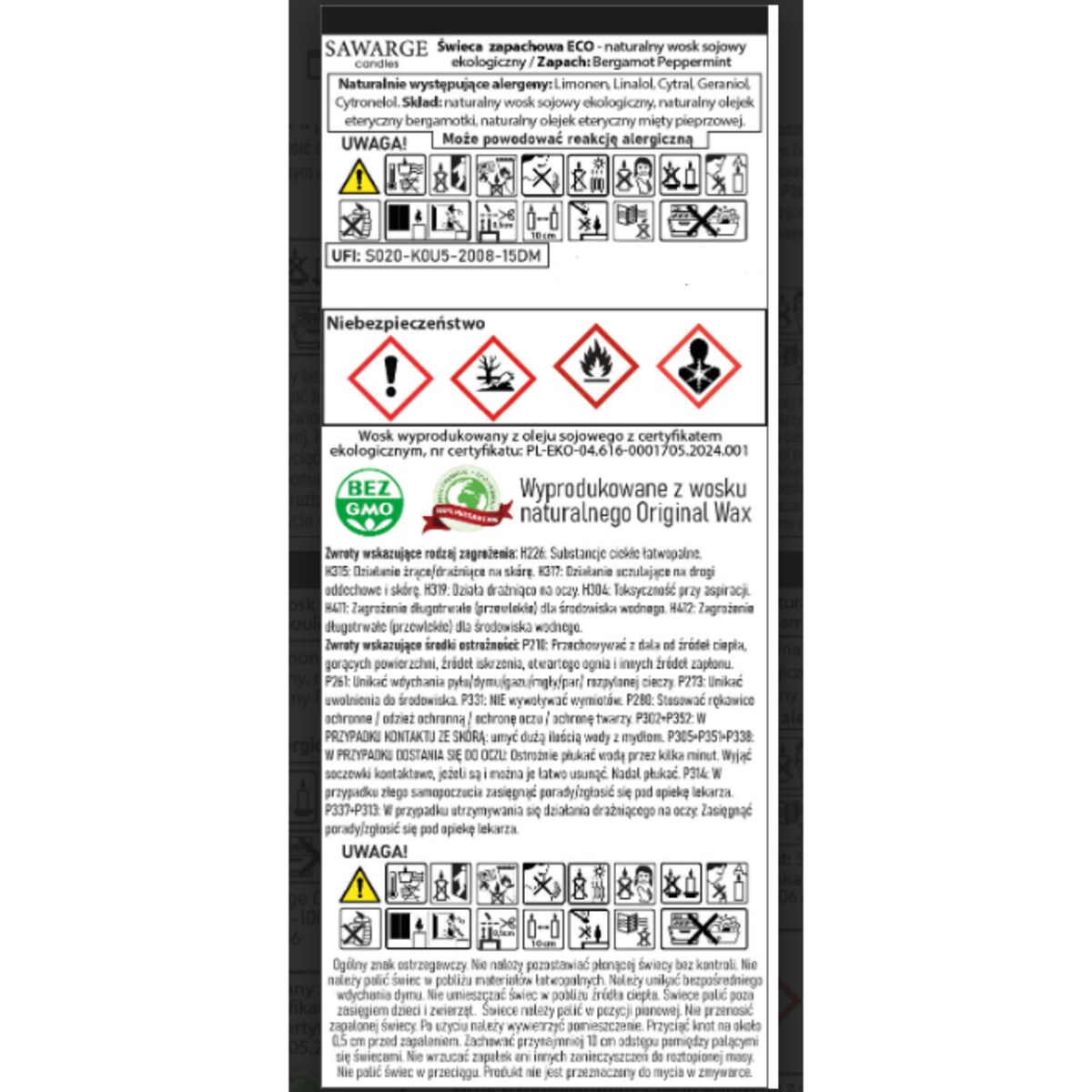 Ekologiczna Świeca Zapachowa Sojowa / 70h/Bergamot Peppermint 800 g