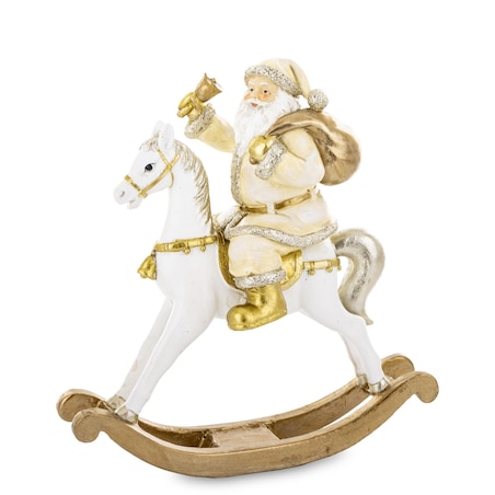 Święty Mikołaj na białym koniu na biegunach 22x20x8 cm z dzwonkiem i workiem