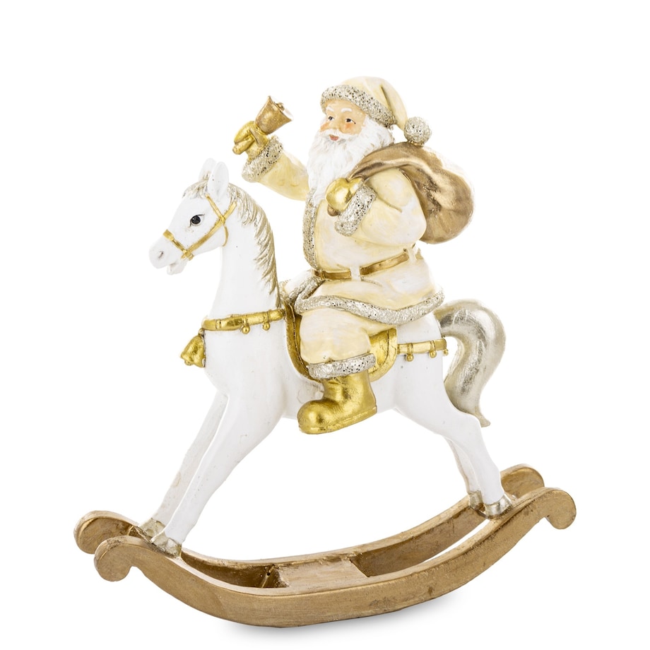 Święty Mikołaj na białym koniu na biegunach 22x20x8 cm z dzwonkiem i workiem