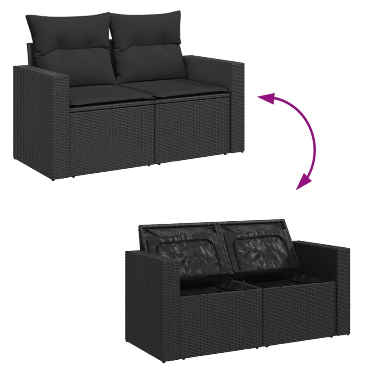 vidaXL Sofa ogrodowa z poduszkami, 2-osobowa, czarna, z polirattanu