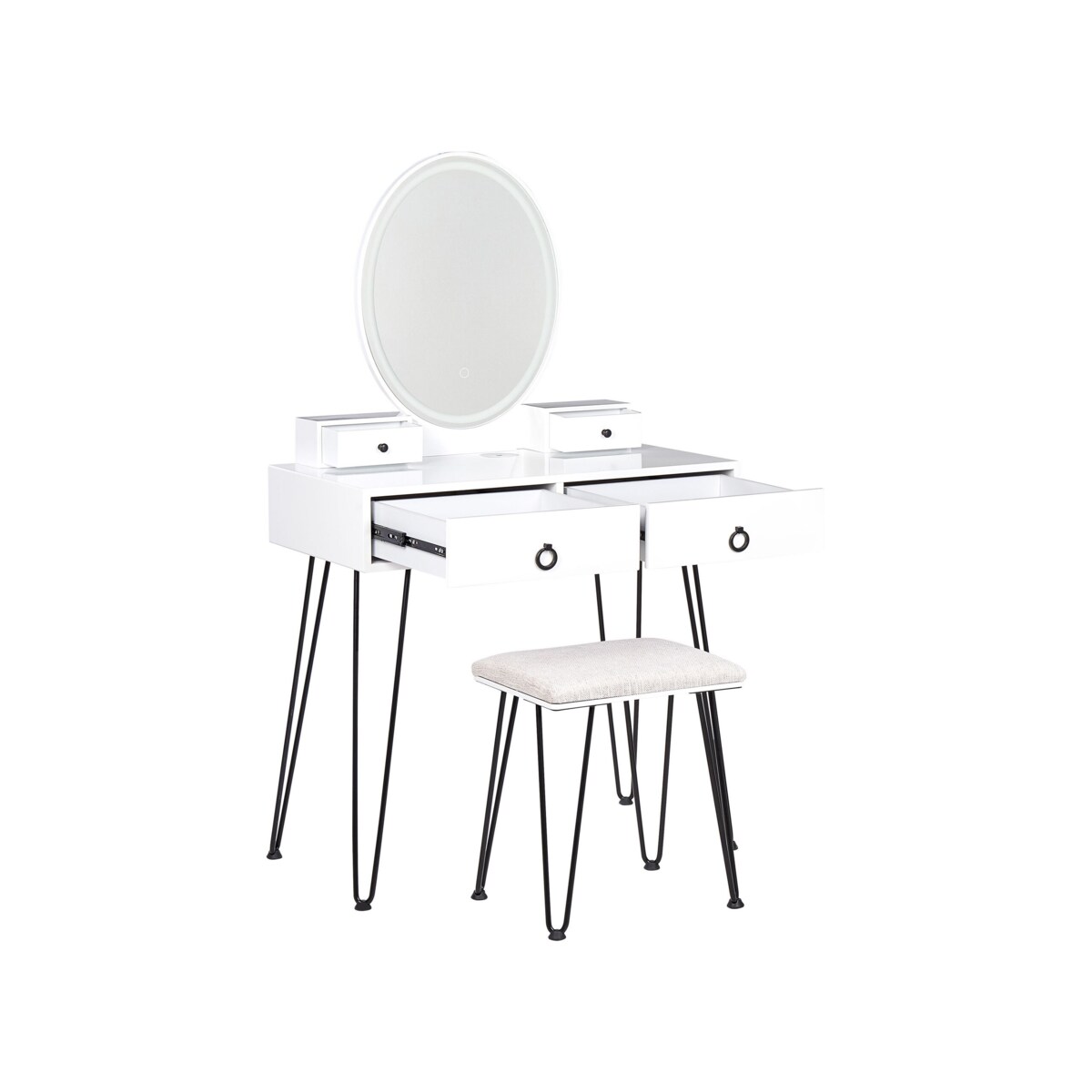 Toaletka 4 szuflady lustro LED ze stołkiem biało-czarna SOYE