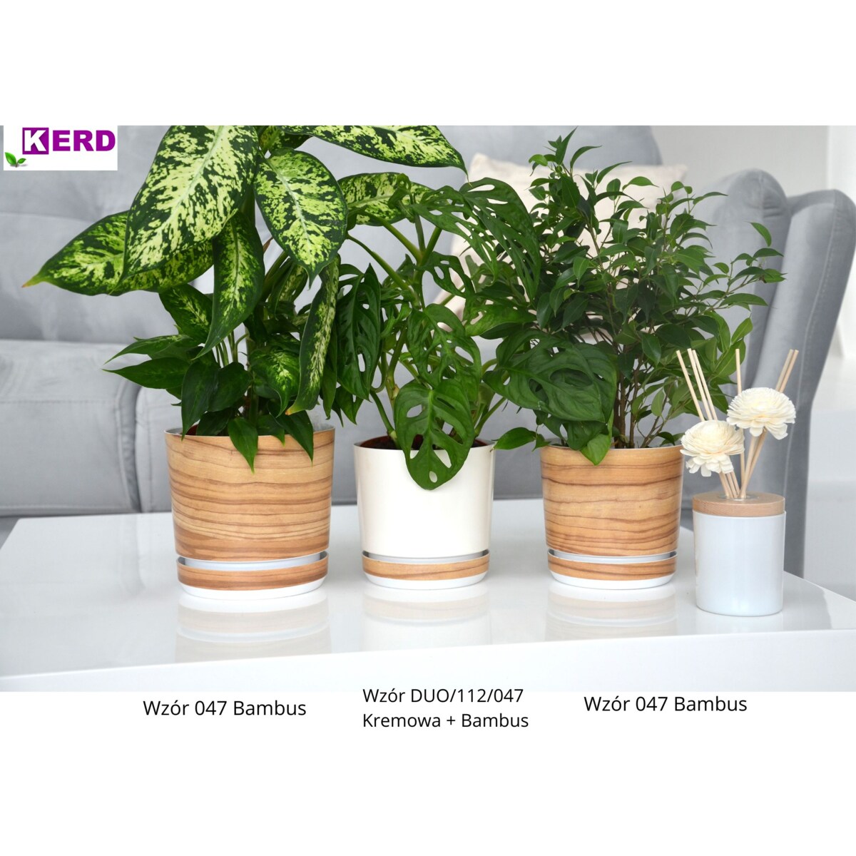 14 Doniczka DUO KREMOWA z podstawką BAMBUS dwukolorowa nowoczesna imitacja deski panelu drewniany deseń naturalny drewnopodobna skandynawski ecru