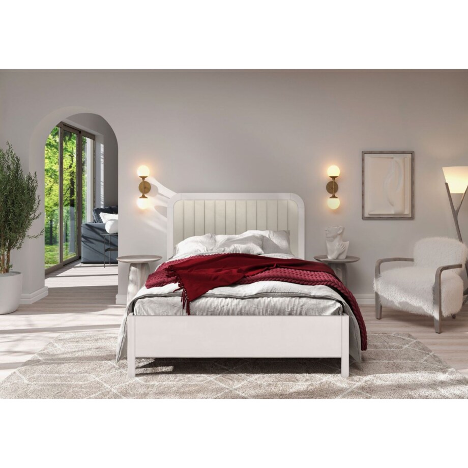 Tapicerowane łóżko drewniane bukowe Visby MODENA BC z wysokim zagłówkiem / 160x200 cm, kolor biały, zagłówek Casablanca 2301 (skrzynia na pościel)