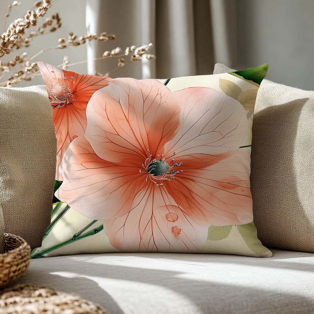 Poszewka dekoracyjna satynowa 40x40 Camellia kremowa w pomarańczowe kwiaty, Satynlove Premium