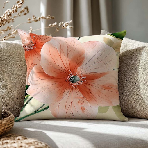 Poszewka dekoracyjna satynowa 40x40 Camellia kremowa w pomarańczowe kwiaty, Satynlove Premium