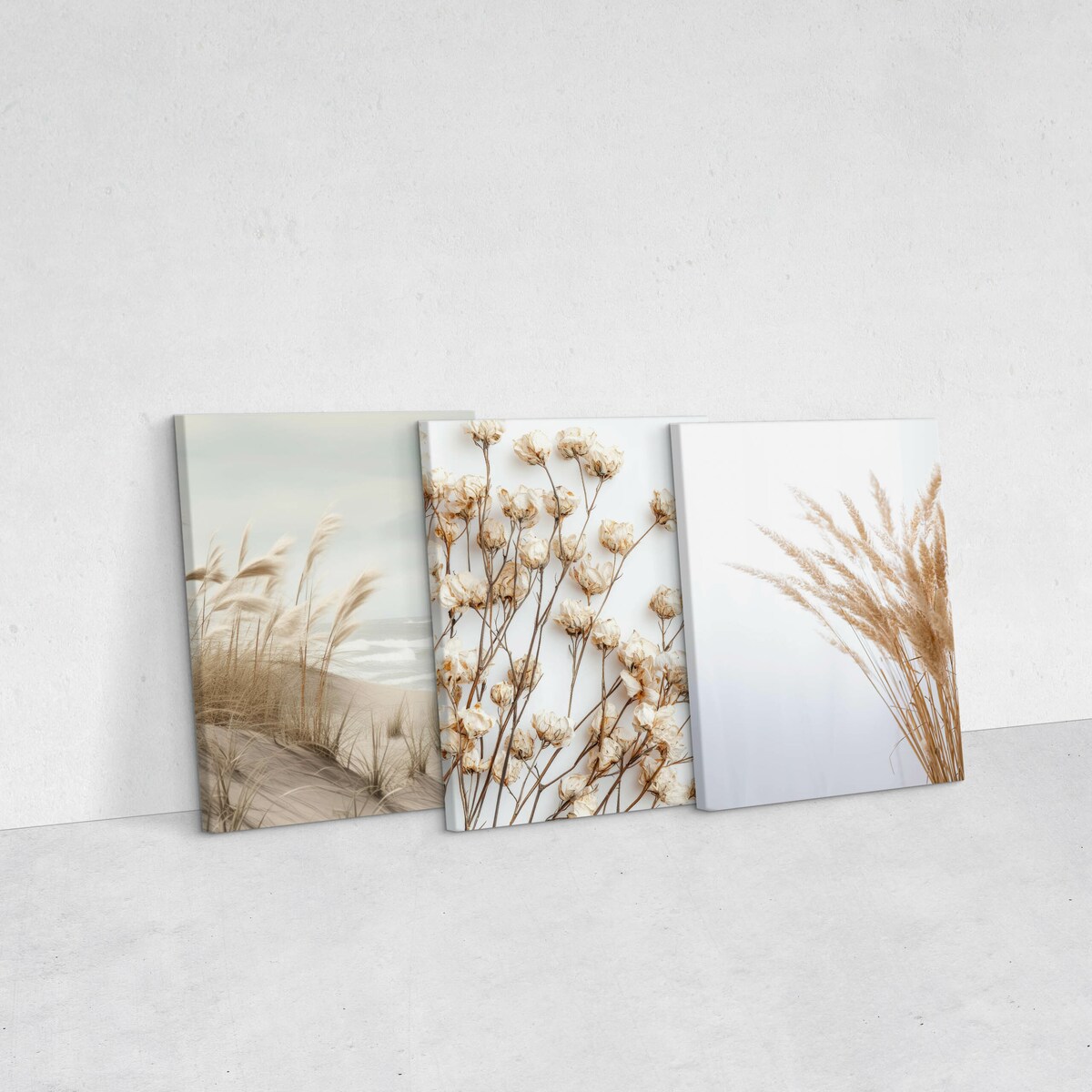 3x Obraz Na Płótnie Do Salonu Set Plaża Morze Trawa Pampasowa Kwiaty 30x40cm