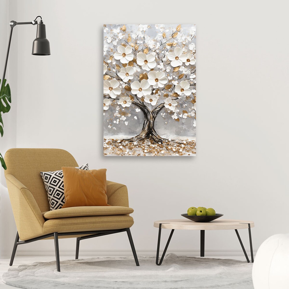Obraz Drzewo Życia Białe Kwiaty Liście Zloty 70x100