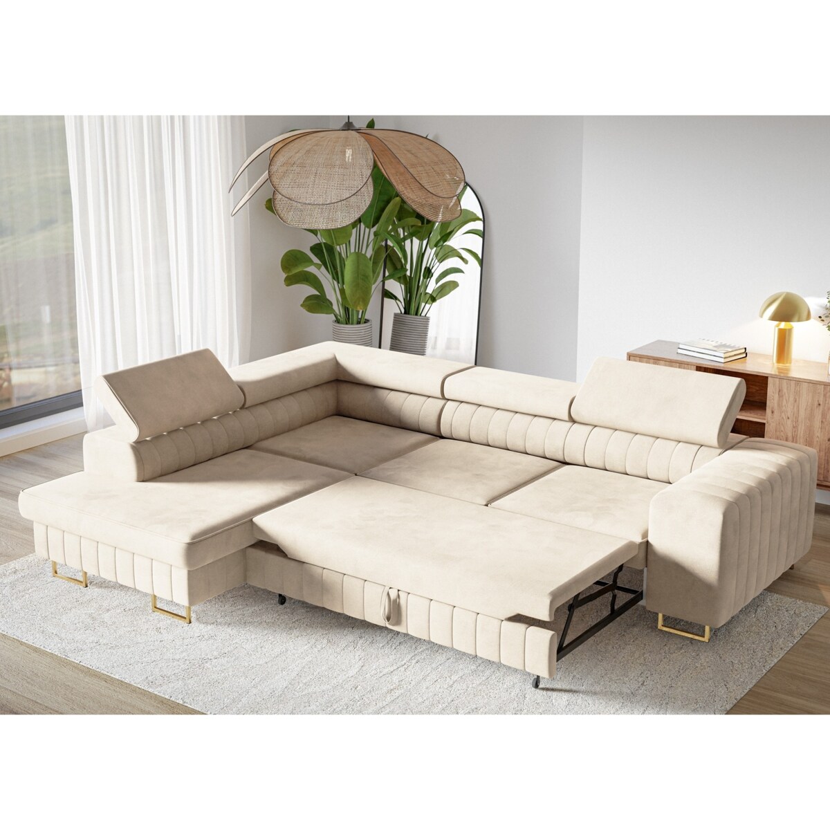 Narożnik NOLA do salonu, na złotych nogach-lewostronny-Matt Velvet beżowy