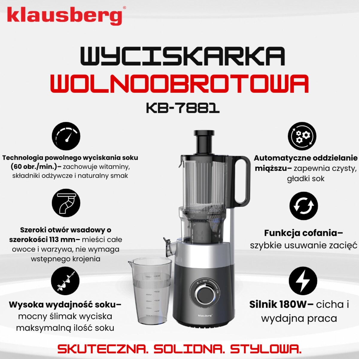 Sokowirówka wolnoobrotowa 180W do owoców i warzyw COLD PRESS KLAUSBERG KB-7881