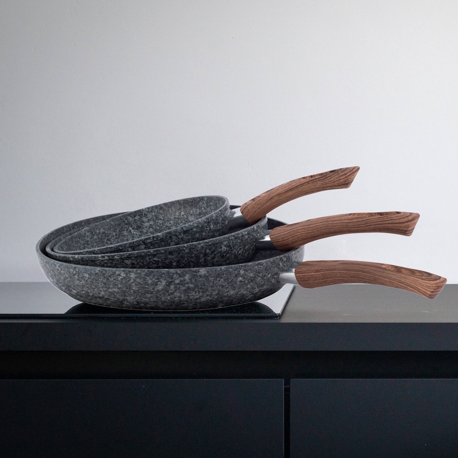 Zestaw komplet patelni granitowych imitacja drewna 20/24/28cm indukcja KAMILLE