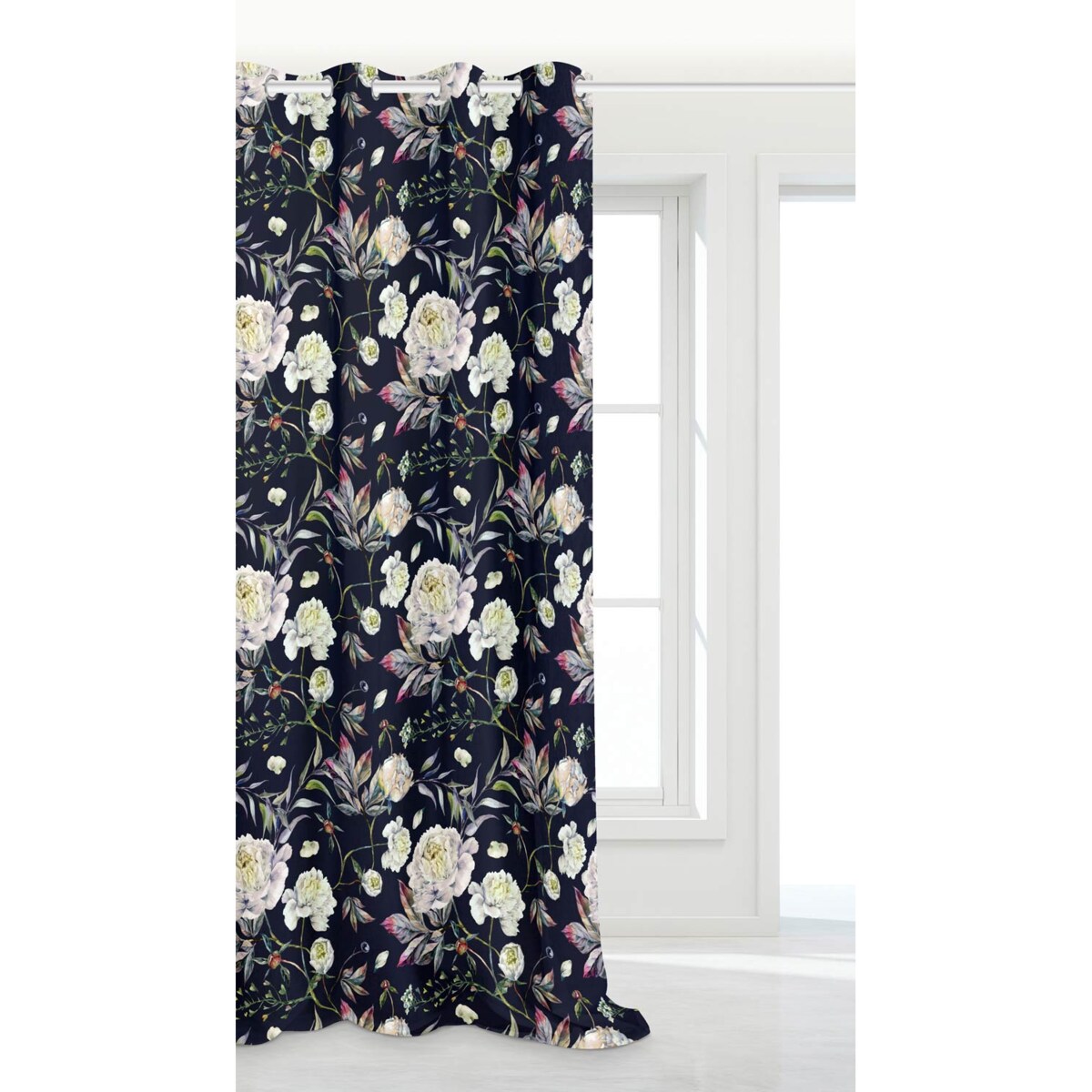 Czarna Zasłona do Salonu w Kwiaty 140 x 250
