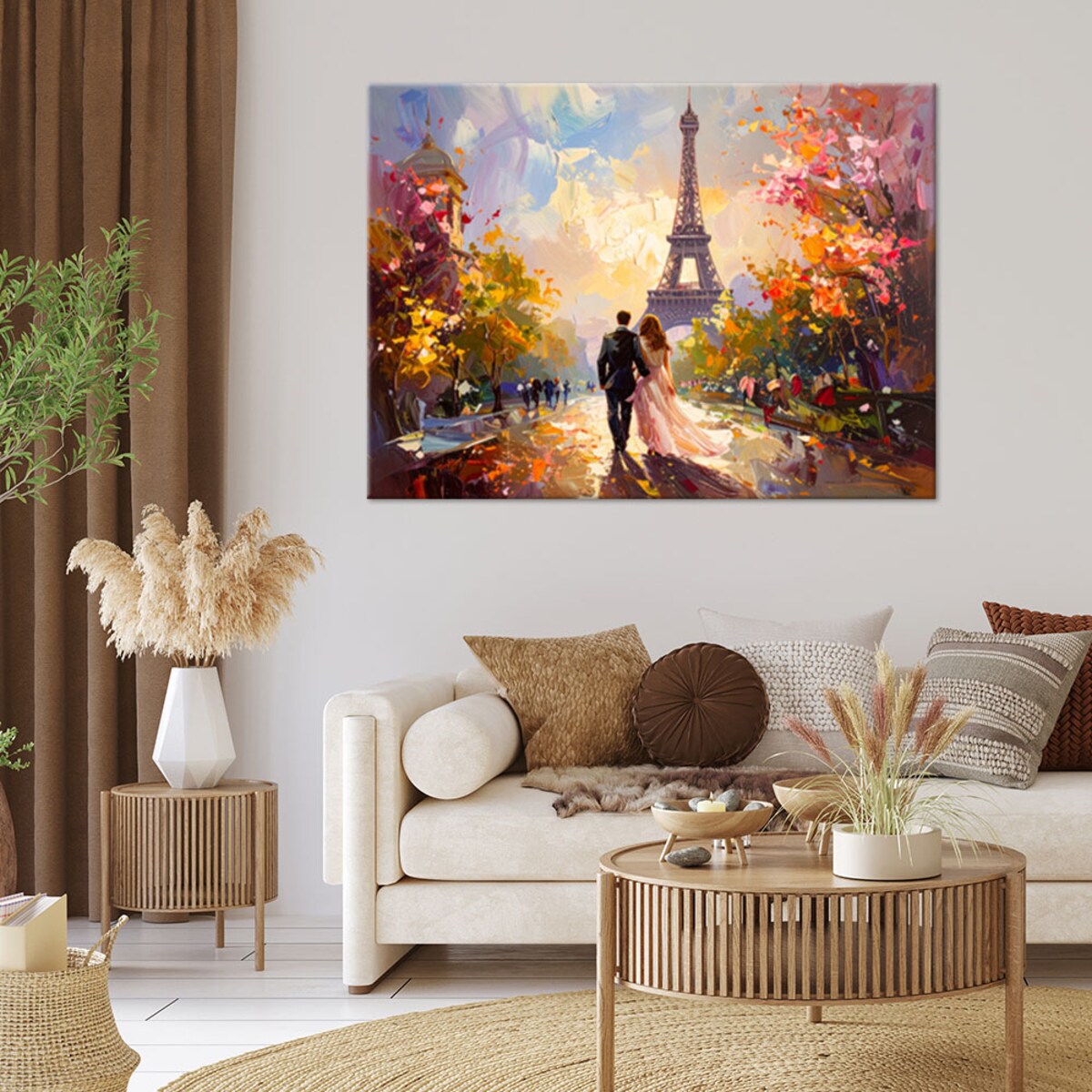 Obraz do salonu sypialni jadalni biura hotelu, Zakochana para na tle wieży Eiffla Paryż 120x80 cm