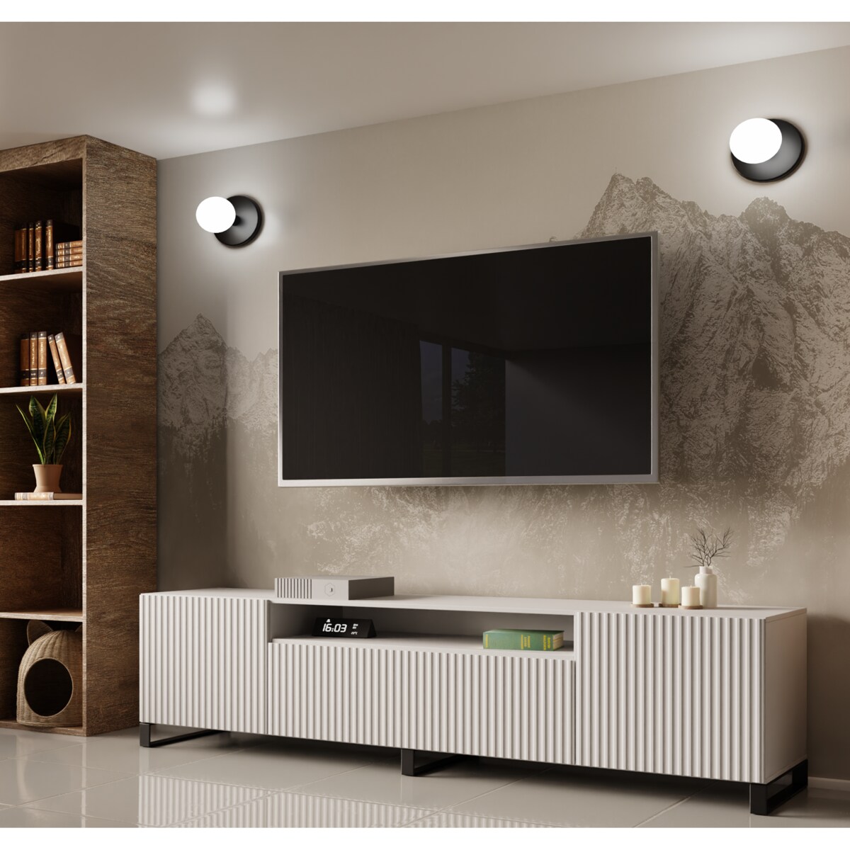 Stojąca szafka RTV NOELI pod telewizor, z ryflowanym frontem -biała