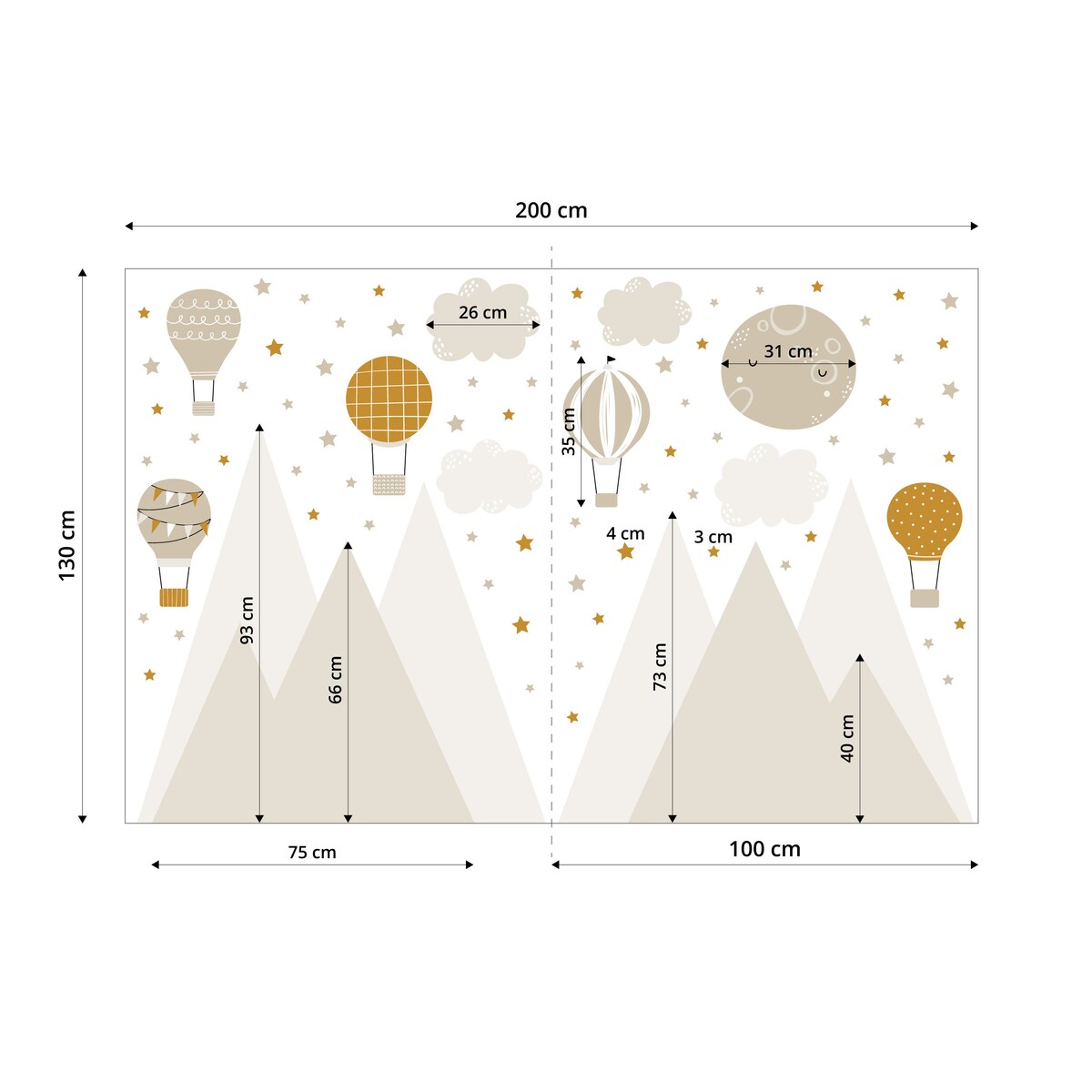 NAKLEJKI NA ŚCIANĘ DLA DZIECI BEŻOWE GÓRY GWIAZDY BALONY CHMURKI ZESTAW