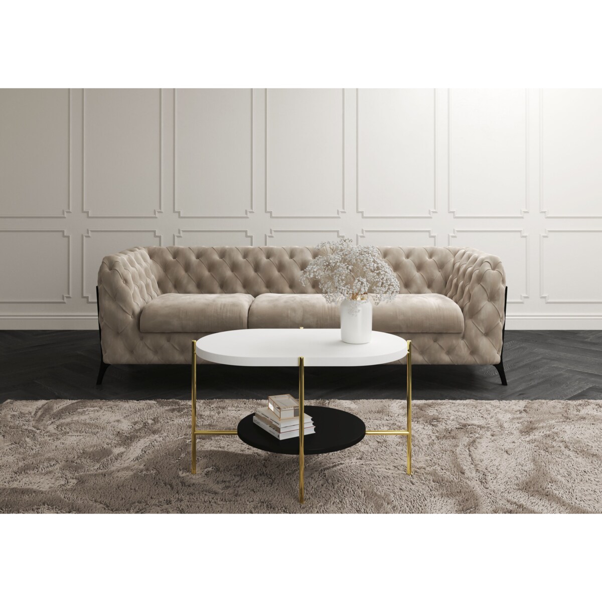 Nowoczesny stolik kawowy Dancan ARENA / złota podstawa + biały i czarny blat