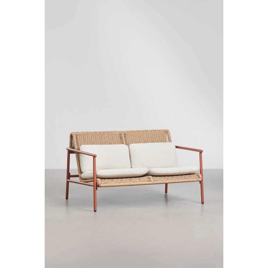 Zestaw ogrodowy: sofa, 2 fotele, stolik kawowy z aluminium i syntetycznego rattanu Duroli, terracotta