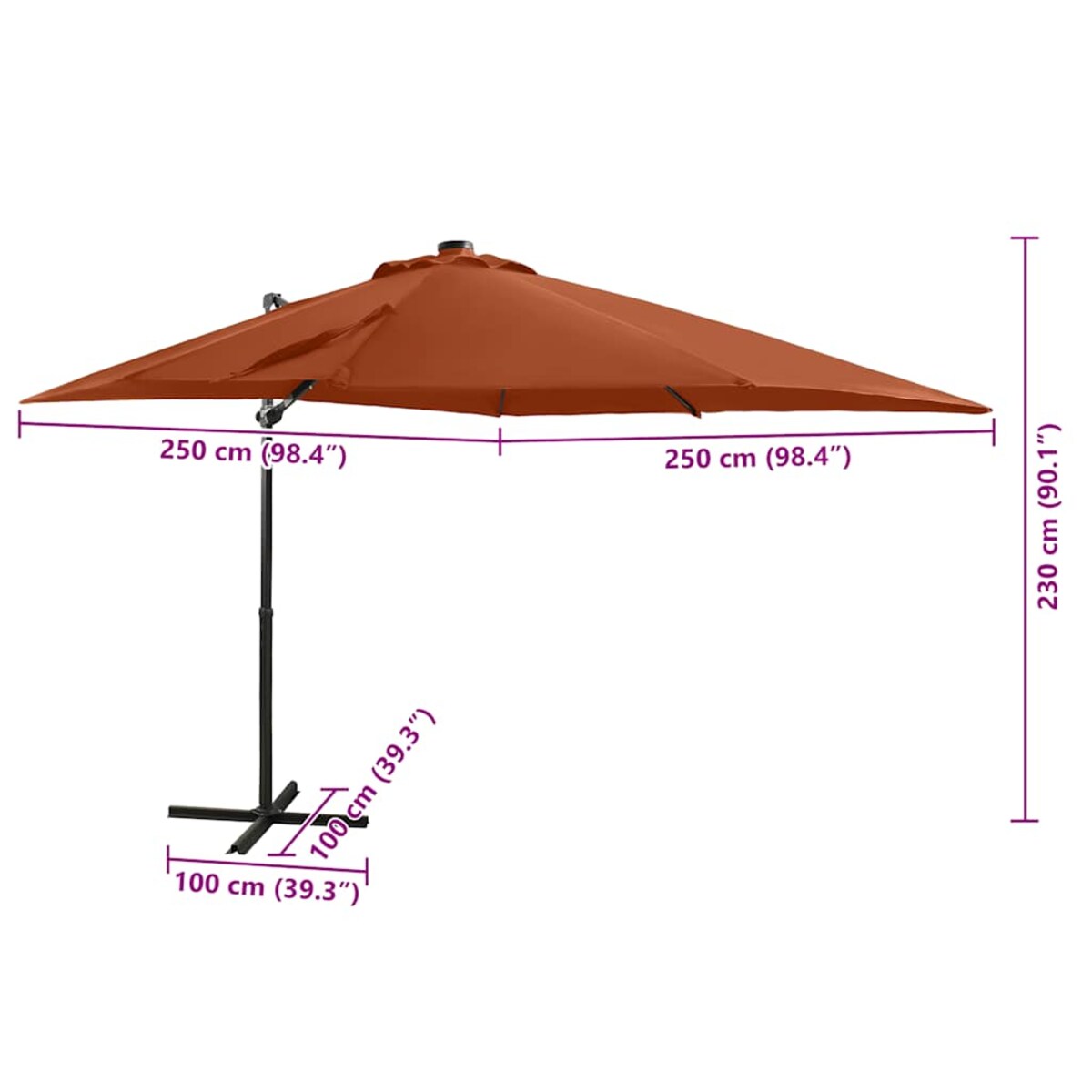 vidaXL Parasol wiszący z lampkami LED i słupkiem, terakota, 250 cm