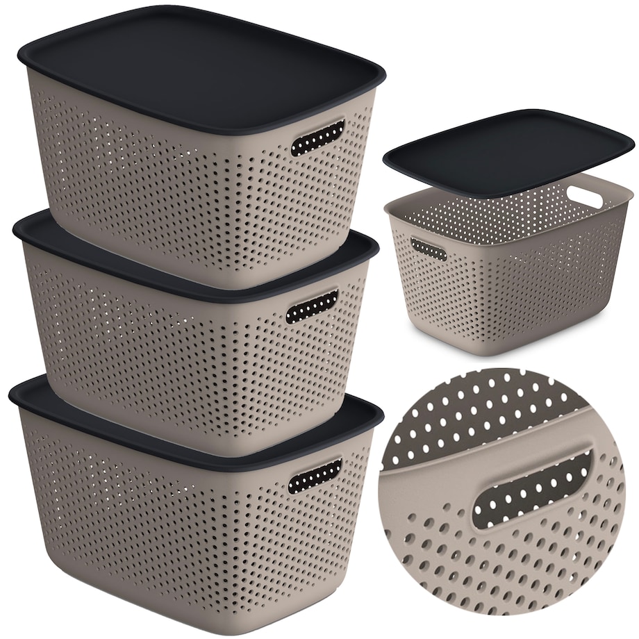 3X Pojemnik Plastikowy Ażurowy Pudełko Z Pokrywą Pojemniki Box 17L Brązowy