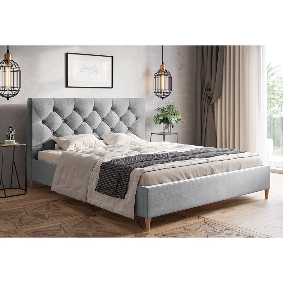 Łóżko tapicerowane 180x200 LUXO 6 na drewnianych nogach, do sypialni -szare