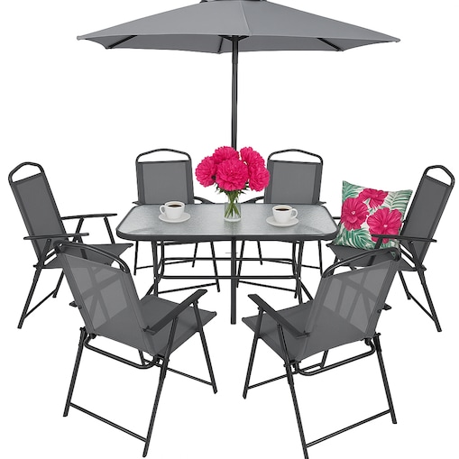Meble Na Ogród Taras Komplet Stół 6 Krzeseł Parasol Zestaw Mebli Ogrodowy