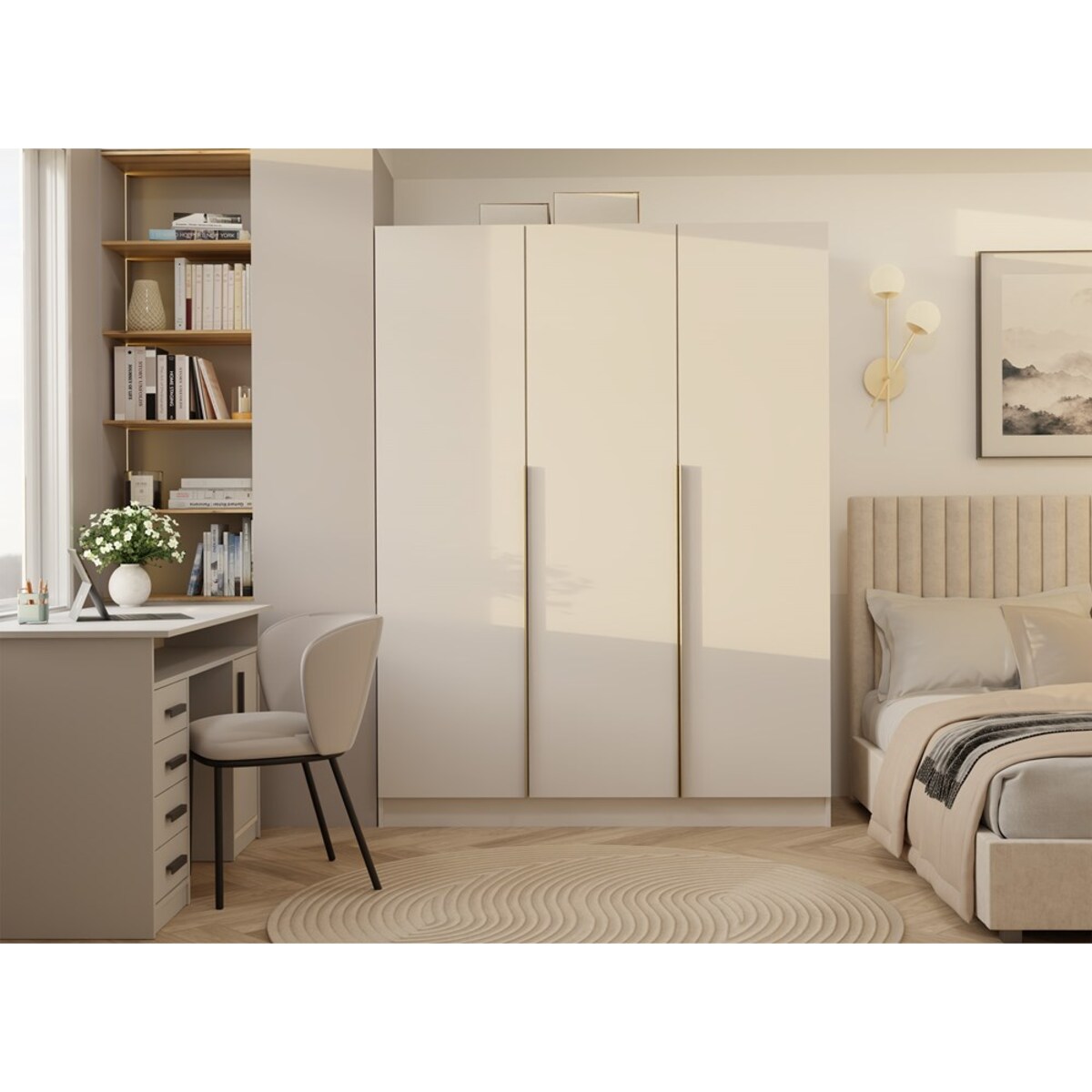 SZAFA SENSO 3D 150 CM 3 DRZWI ZŁOTE UCHWYTY DO SALONU SYPIALNI KASZMIR BEŻ