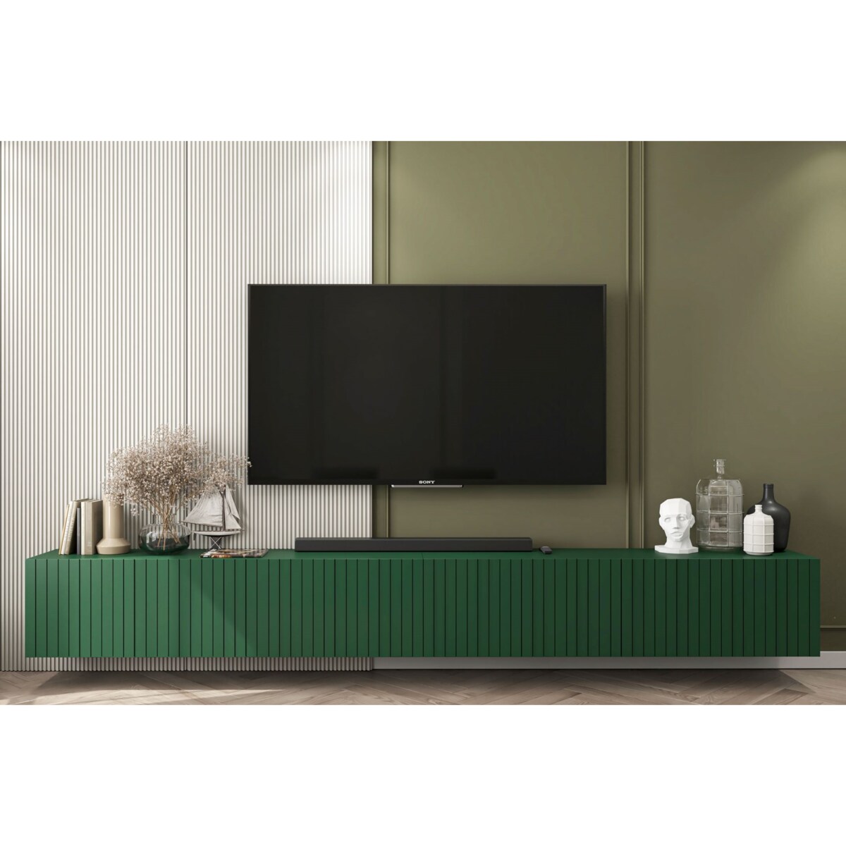 Wisząca Szafka RTV Glamour Nowoczesna Komoda RTV Butelkowa Zieleń 300 cm