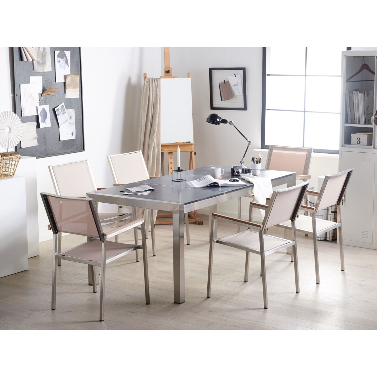 Zestaw ogrodowy stół granit palony dzielony blat czarny i 6 krzeseł beżowych GROSSETO