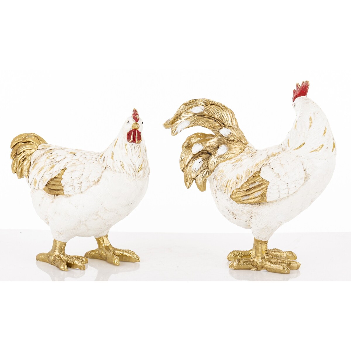 Dekoracja - kolorowa KOGUT i KURA 26x20x10,5 i 22x20x10 cm PLOMFEE biało-złota para
