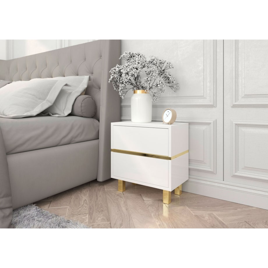 Biała Szafka Nocna Magica ze złotymi dodatkami / szer. 49 cm