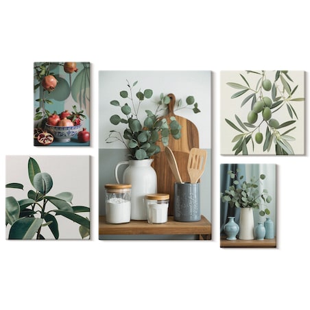 Zestaw 5 obrazów na płótnie - Naturalne skandynawskie rośliny w stylu prowansalskim - zielony