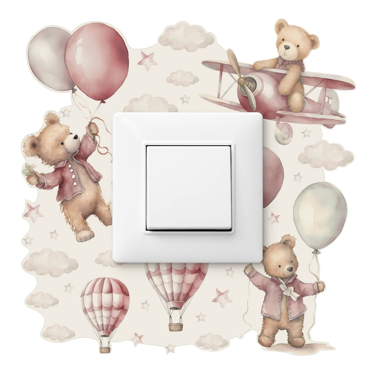 Naklejka Pod Włącznik Misie Różowe Balony Chmurki Gwiazdki Boho Dla Dzieci 20x20cm