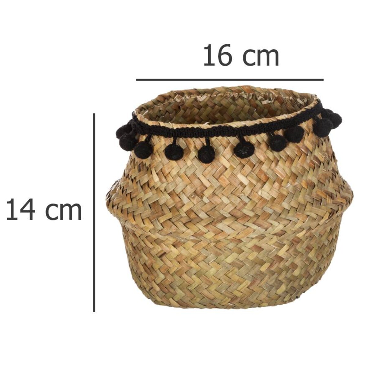 Kosz dekoracyjny, pleciony z trawy morskiej z ozdobnymi pomponami 16x14cm