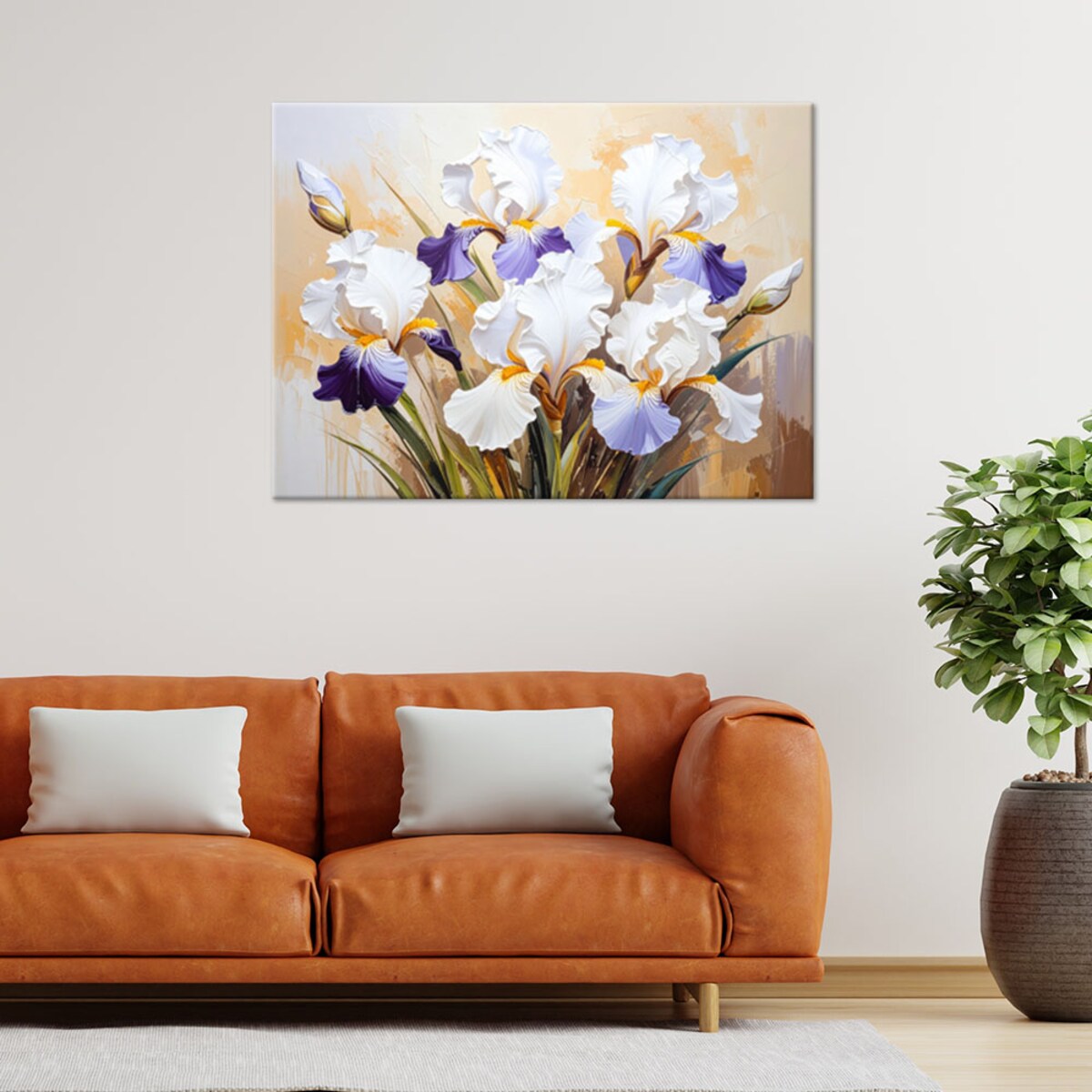 Feeby Obraz do salonu, Białe Irysy Kwiaty na abstrakcyjnym beżowym tle 60x40