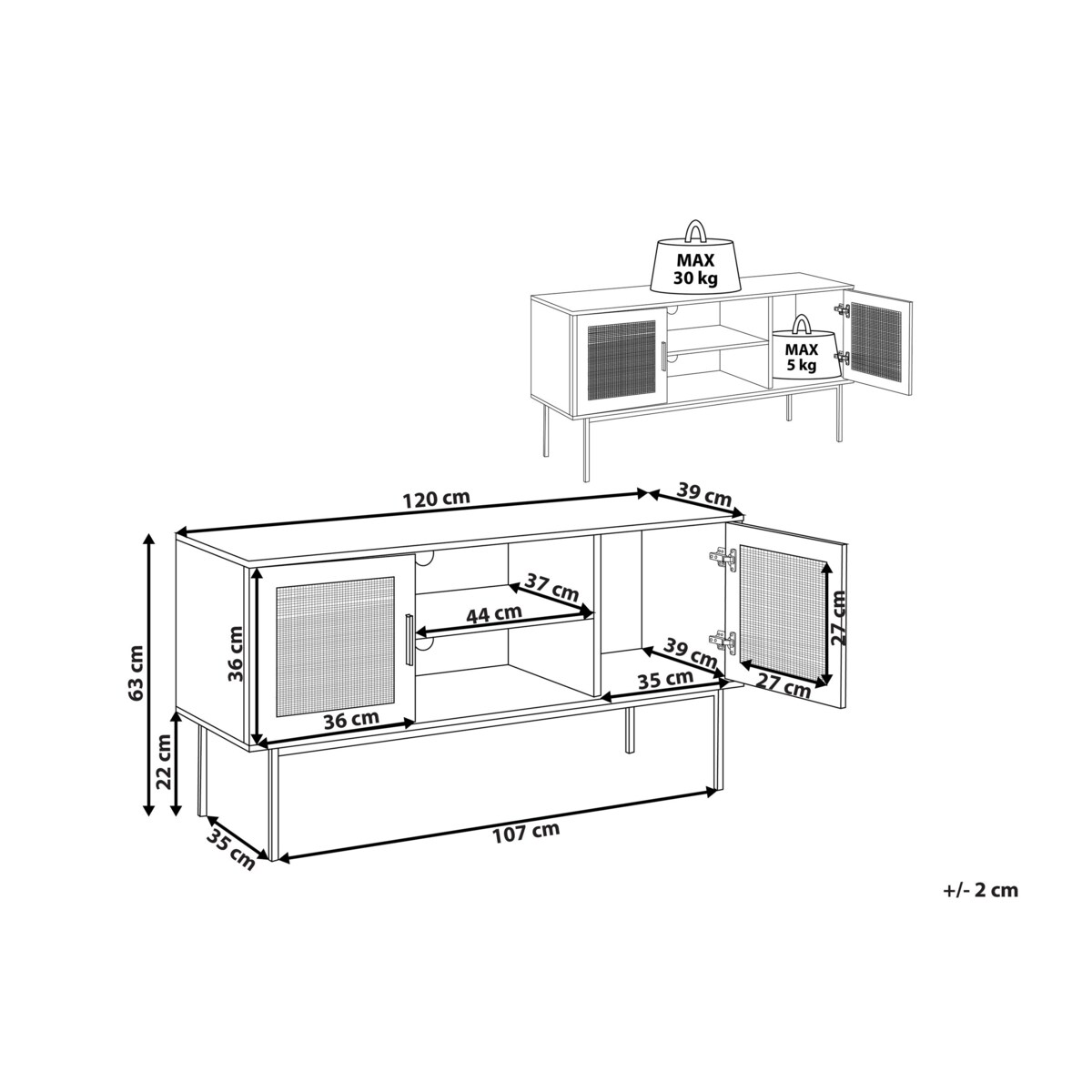Szafka RTV z frontem rattanowym jasne drewno PASCO