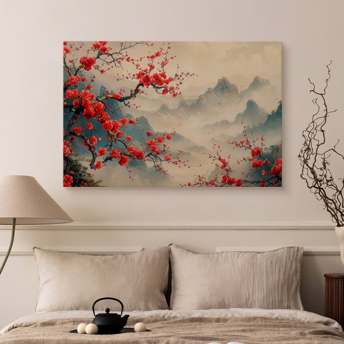 Obraz Canvas Do Sypialni Czerwone Kwiaty Wzgórze Styl Japoński 120x80cm