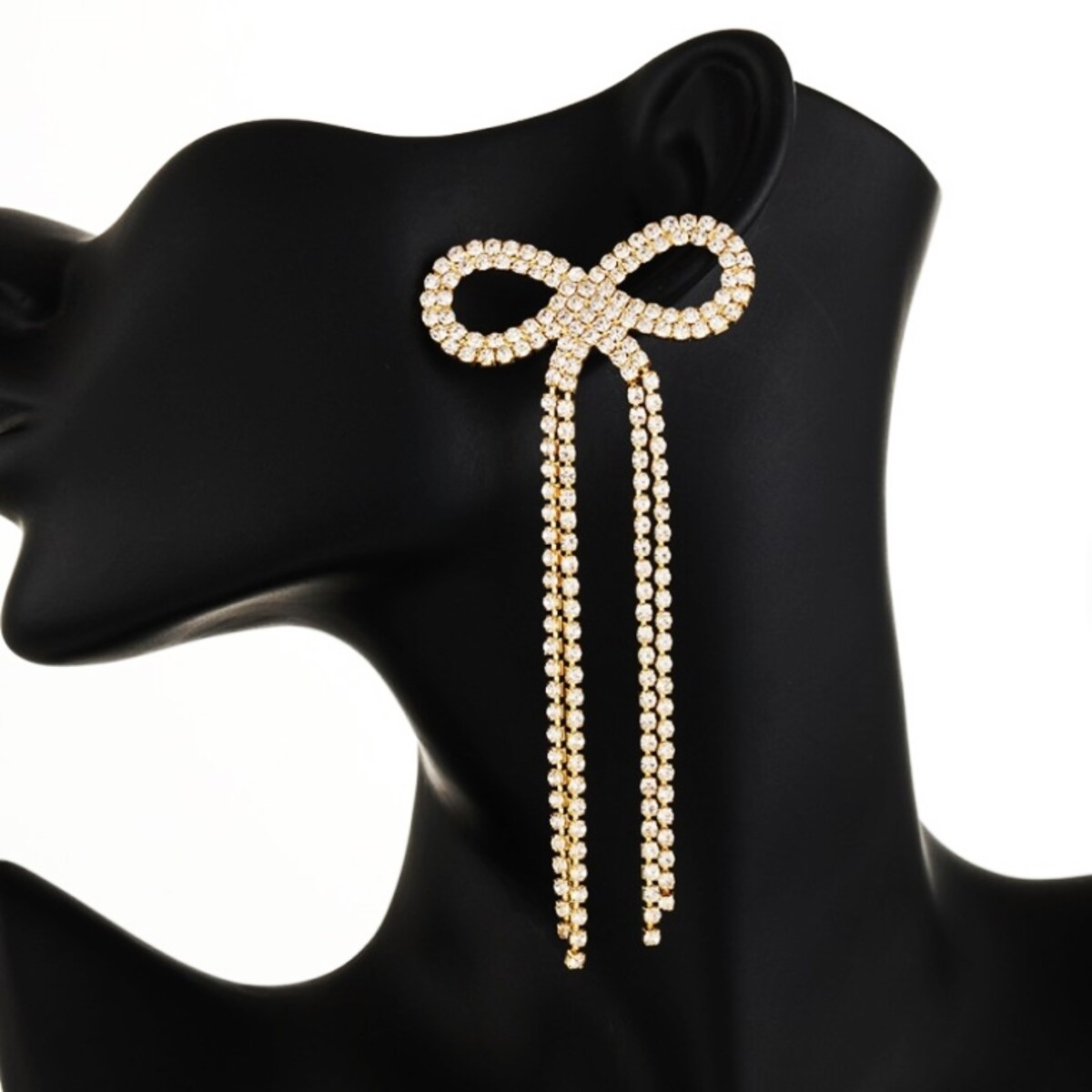 Kolczyki długie nitki cyrkoniowe złote z kryształkami kokardki eleganckie GLAM