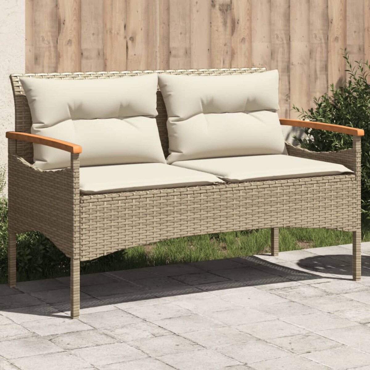 vidaXL Ławka ogrodowa z poduszkami, 116x62,5x74 cm, beżowa, polirattan