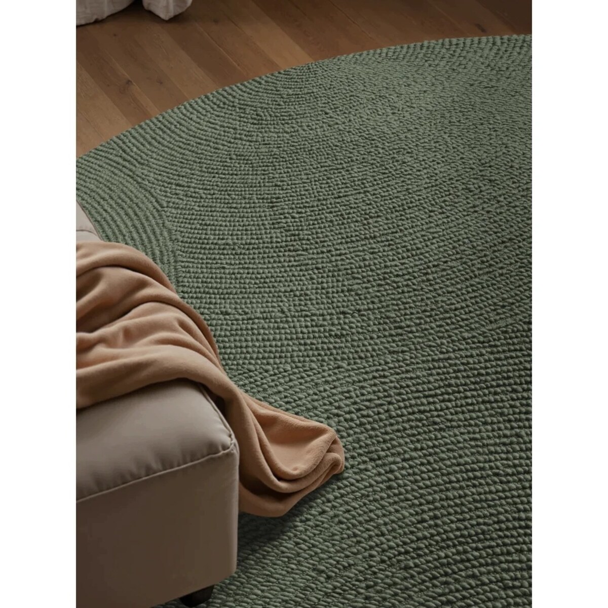 Dywan okrągły wełniany do salonu 120cm, zielony tkany ręcznie, pętelkowy