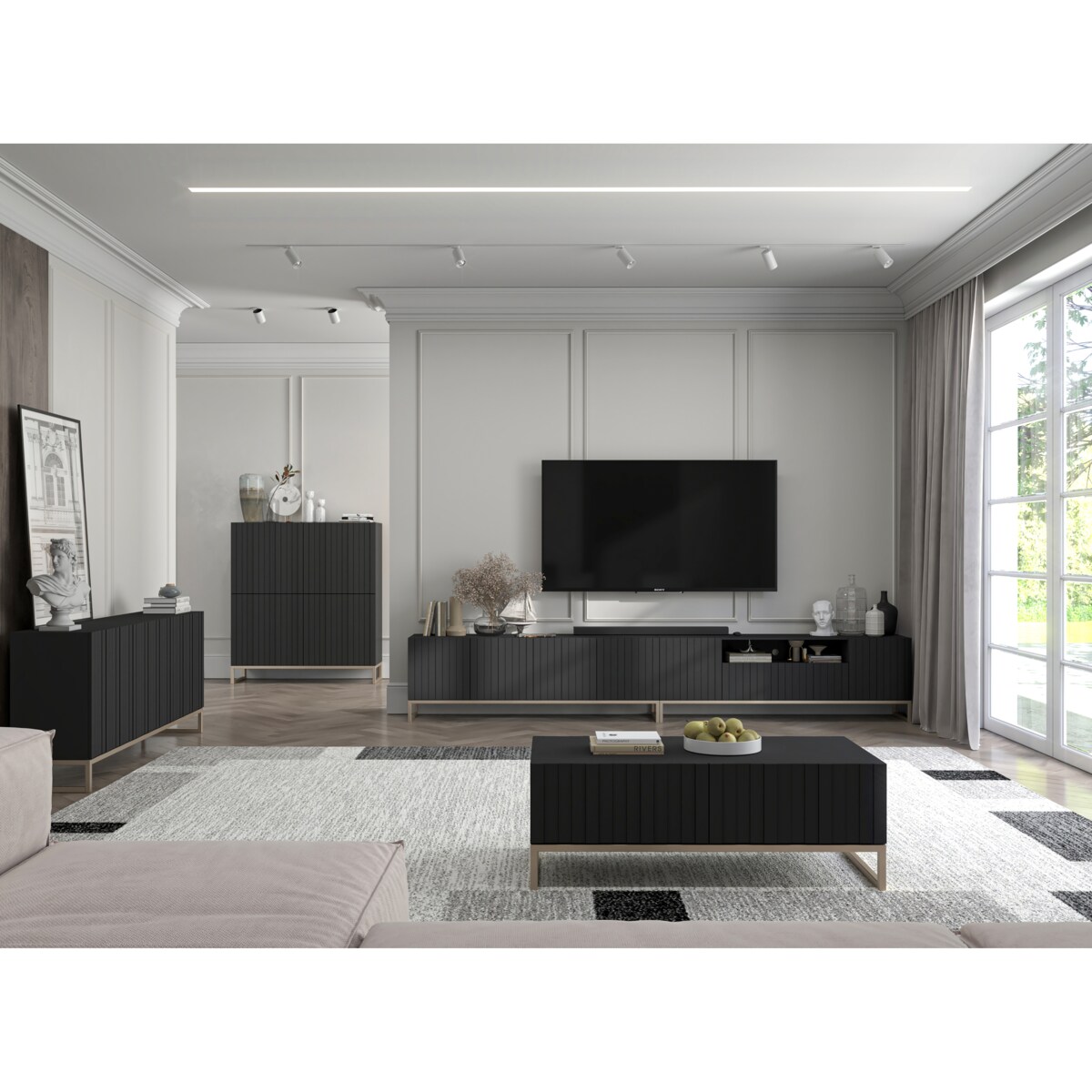 Szafka RTV Glamour Nowoczesna Komoda RTV Glamour Czarny Mat 150 cm