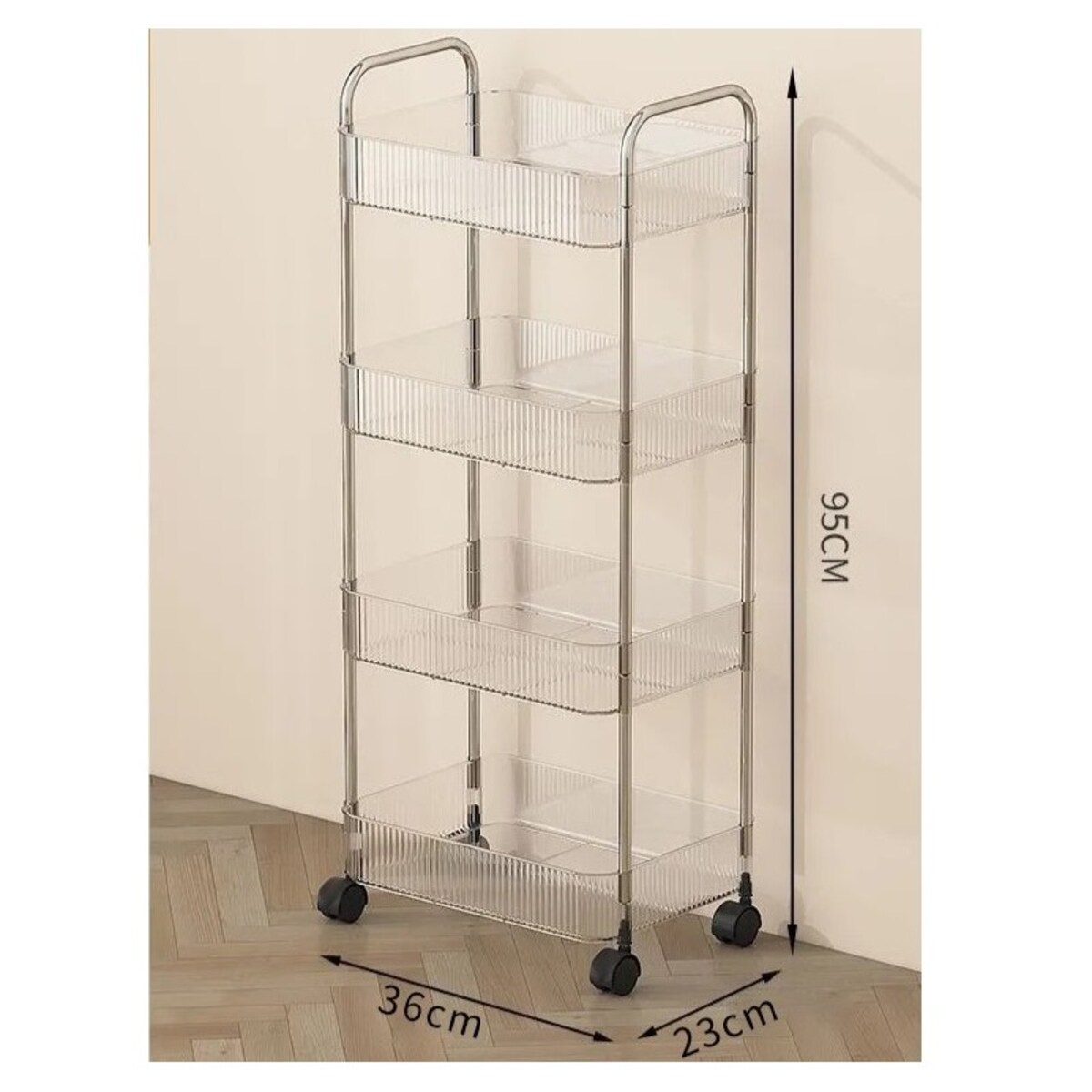 Ryflowany regał, szafka na kółkach, 4 poziomy, transparentny 36x26x95cm SZ54