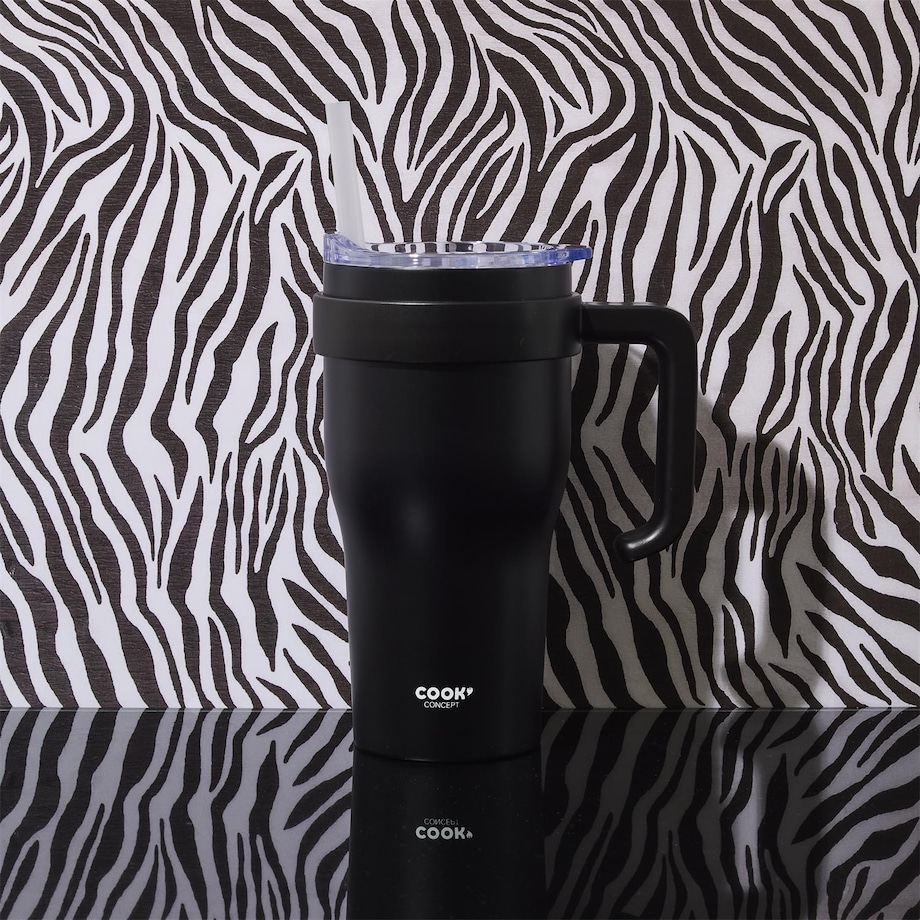 KUBEK TERMICZNY Miami 600 ml czarny z uchwytem i słomką