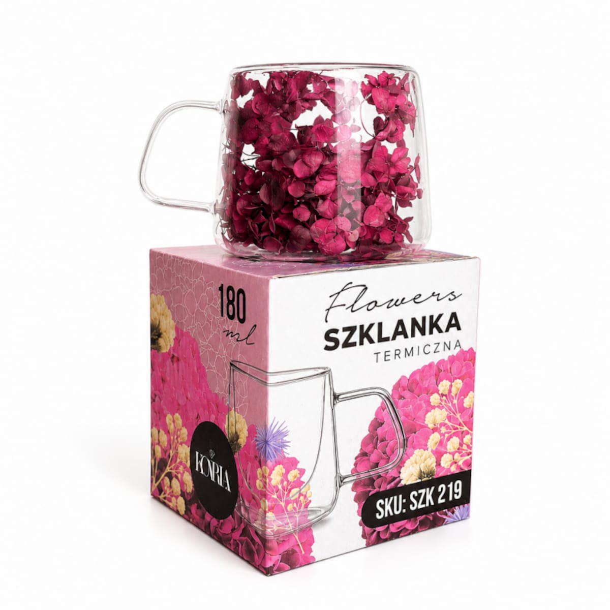 Szklanka termiczna z kwiatami w środku, pełna hortensji, burgund bordo180 ml 1szt SZK219