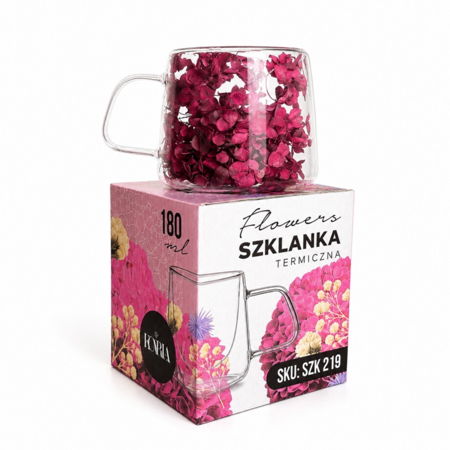 Szklanka termiczna z kwiatami w środku, pełna hortensji, burgund bordo180 ml 1szt SZK219