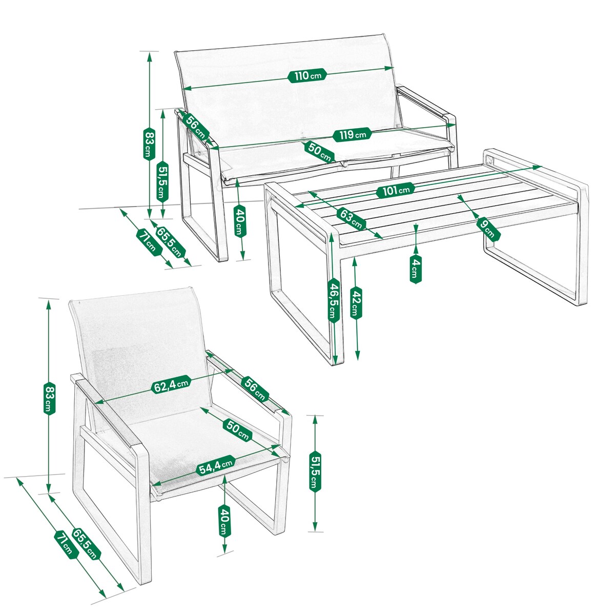 Zestaw Mebli Ogrodowych 2X Krzesło Sofa Stolik Komplet Aluminium Na Taras